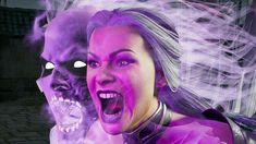 an image of a woman with purple makeup and demonic face paint on her face next to a demon