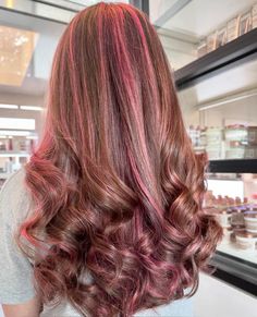 Pink On Brunette Hair, Brown Hair With Fun Colors, Chocolate Pink Hair, Brown With Pink Underneath, Curly Pink Highlights, Pink Calico Hair, Blond With Pink Highlights, Brown With Pink Hair, Dirty Blonde Hair With Pink Highlights