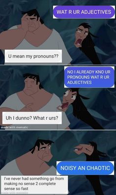 an image of the same cartoon character talking to each other with captions in different languages