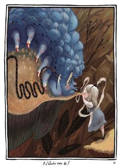 an illustration of a woman trying to get rid of a giant blue monster with her head stuck in the ground