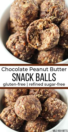 chocolate peanut butter snack balls in a white bowl with text overlay that reads, chocolate peanut butter snack balls gluten free