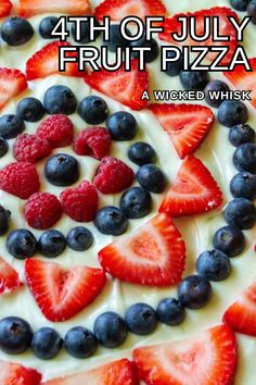 This 4th of July Fruit Pizza is an easy fruit pizza that tastes amazing and will be your patriotic dessert. Made with a Pillsbury sugar cookie crust, fresh fruit, powdered sugar, lime and cream cheese, this easy red white and blue dessert is the perfect patriotic fruit pizza to show off your American pride!