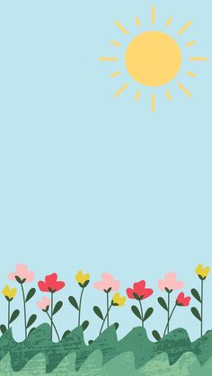 the sun is shining over some flowers in front of a blue sky with green grass