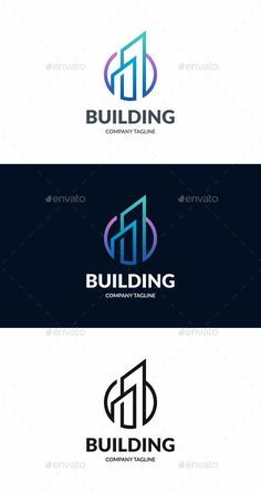 the logo for building company is shown in three different colors and font styles, including blue,