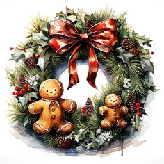 a watercolor painting of a wreath with two gingerbreads and pine cones on it