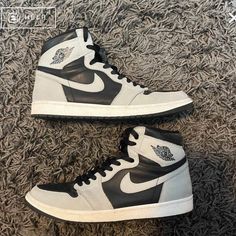 Worn Jordan Grey And Black Sneaker Air Jordan 1 Shadow, Jordan 1 Shadow, Shadow 2, Jordan Grey, Shoes Air, Jordans For Men, Black Sneaker, Air Jordan 1, Jordan Shoes