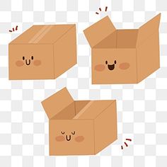 three cardboard boxes with faces drawn on them, one is brown and the other is white