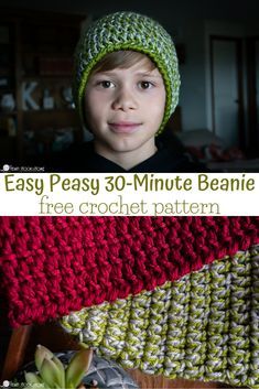 a young boy wearing a crochet hat and scarf with text overlay that says easy