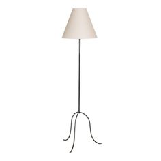 a floor lamp with a white shade on the top and an iron rod around it