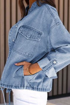 High Quality Fashion, Boyfriend Jacket, Denim Pocket, Blue Denim Jacket, Pocket Jacket, Spring Outfits Women, Roll Up Sleeves