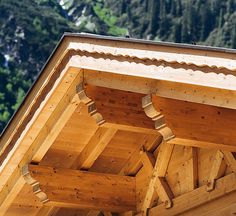 the roof of a wooden building with mountains in the background