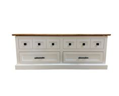 a white dresser with two drawers and a wooden top on the bottom, against a white background