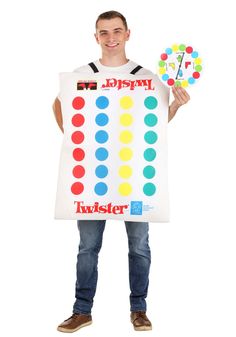 a man is holding a giant board game costume