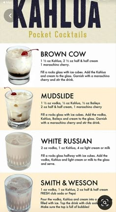 Drink Posters, Kahlua Drinks, Cocktails Poster, Pocket Cocktails, Pop Cocktails, Kahlua Recipes, Best Drink, Liquor Recipes, Recipes Drinks