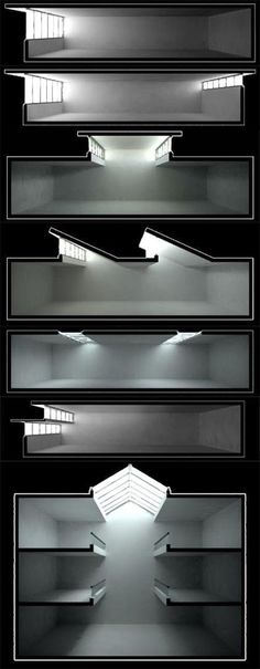 an empty room is shown with lights on the ceiling and in the middle, there are shelves