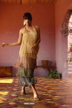 ANDREA IYAMAH Neme Fringe Dress CURIO FAENA MIAMI Fringe Midi Dress, Layered Fringe, Andrea Iyamah, نظارات شمسية, Red Carpet Ready, The Dancer, Low Neckline, Fringe Dress, 20's Dress