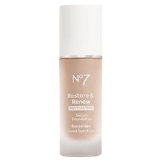 Designed by Science. Defined by You. Expertly formulated for an age-defying finish that looks and feels natural, while protecting with Broad Spectrum SPF 20. This revolutionary, lightweight foundation is powered by No7's Restore & Renew Serum technology and visibly improves the 5 key signs of aging. It instantly conceals fine lines, wrinkles, age spots, uneven texture & tone, for skin that appears lifted and firmer over time with continued use. The Flexible Formula moves in harmony with your No 7 Foundation, No7 Makeup, Lightweight Foundation, Serum Foundation, Fall Kitchen, Too Faced Foundation, Best Beauty Tips, Broad Spectrum Sunscreen, Age Defying