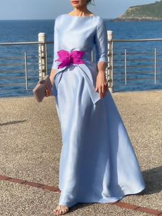 Three-Quarter Sleeves Solid Color Tied Waist Boat Neck Maxi Dresses BLUE-XL Flower Gown Dress, Flower Gown, Party Fits, Plain Dress, Cotton Blends Dress, Crewneck Dress, Maxi Dress Blue, Types Of Dresses, Dress With Bow