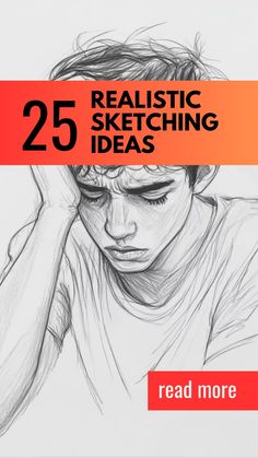 the cover of 25 realistic sketching ideas, with an image of a man holding his head