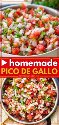 two bowls filled with pico de galloa salsa and tortilla chips on the side