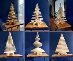 wooden christmas trees made out of plywood are shown in four different angles and sizes