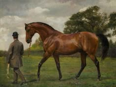 a painting of a man leading a brown horse