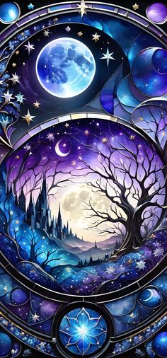 an artistic painting with trees and stars in the sky