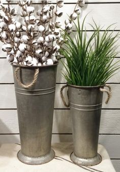 two metal buckets with plants in them