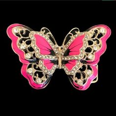 "PINK RHINESTONE COOL GLITTER BUTTERFLY BUTTERFLIES BELT BUCKLE BELTS BUCKLES Belt Buckle Size: 2.5\"(h) x 3.5\"(w) (metric 6.5 x 9 cm) Belt Buckles fit belt 1.5\" (metric 4 cm) in width." Aesthetic Belts, Belts Aesthetic, Mcbling Trashy Y2k, Butterfly Belt, Glitter Butterflies, Glitter Butterfly, Hair Tattoos, Makeup Tattoos, Suspender Belt