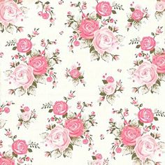 pink roses on white fabric with green leaves and flowers in the background, for wallpaper or upholstering