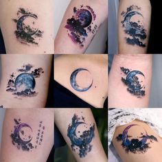 nine images of different tattoos on the arms and legs, each with an image of a moon