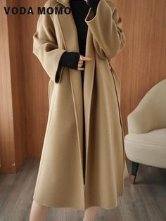 Long Overcoat Fall Outfits Women Spring Autumn Solid Lapel Loose Woolen Coat Lace-up Fashionable Solid Long Sleeve Sweater Coat For Workwear, Long Solid Color Outerwear For Office, Elegant Plain Outerwear For Fall, Beige Wool Coat For Work, Elegant Solid Color Open Front Sweater Coat, Long Plain Outerwear For Spring, Elegant Long Sleeve Plain Outerwear, Long Sleeve Solid Color Wool Coat For Work, Beige Lapel Collar Sweater Coat For Spring