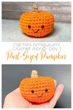 an orange crocheted pumpkin is shown with the words, fall mini amigurm crochet along day 1