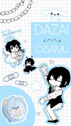 an anime poster with various items on the wall and in the background that says dazai osamu