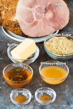 the ingredients to make ham are shown in bowls