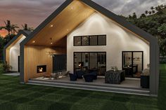 a rendering of a house with a living room and dining area in the front yard