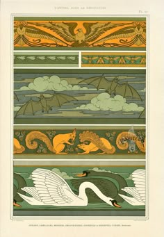 an old book with two pictures of swans and other animals on the cover, in different colors