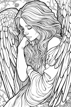 an angel with long hair and large wings is looking down at her hand while she holds her