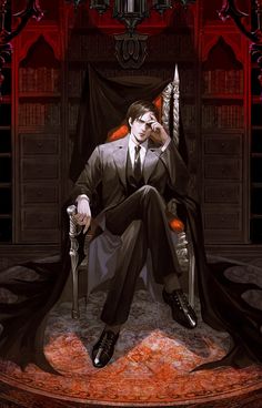 a man in a suit and tie sitting on a throne with two swords next to him