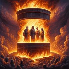 three men standing in front of a huge fire with flames coming out of the top