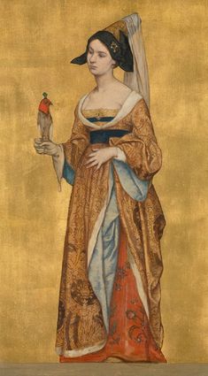 an old painting of a woman holding a bird