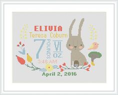 a cross stitch pattern with an animal and birth date