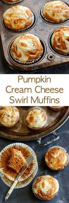 pumpkin cream cheese swirl muffins on a baking sheet