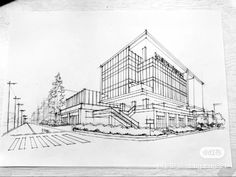 a drawing of a building with stairs and trees