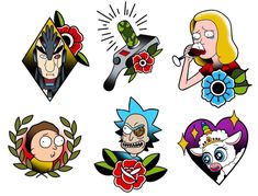 some cartoon characters with different tattoos on them