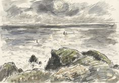 an ink drawing of rocks on the beach with a sailboat in the water behind them