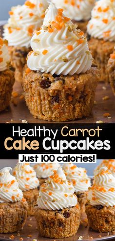 healthy carrot cake cupcakes with white frosting and orange sprinkles