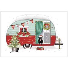 White dishtowel with red and green camper.  Black lab dog wearing a Santa hat sits in doorway.  It is snowing. Mary Lake Thompson Art, Camper Crafts, Caravan Vintage, Camper Vintage, Camper Art, Camping Vintage, Chirstmas Decor, Vintage Camper Remodel, Flour Sack Kitchen Towels