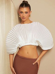 Sheer Pleated Chiffon Cropped Top White Casual  Cap Sleeve Woven Fabric Plain  Non-Stretch  Women Clothing, size features are:Bust: ,Length: ,Sleeve Length: Pleated Fabric Top, Types Of Pleats, Chiffon Crop Top, Pleated Sleeves, Pleated Chiffon, Casual Cap, Pleat Top, Womens Turtleneck, Pleated Fabric