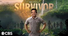 a man standing in front of a jungle scene with the words survivor written on it